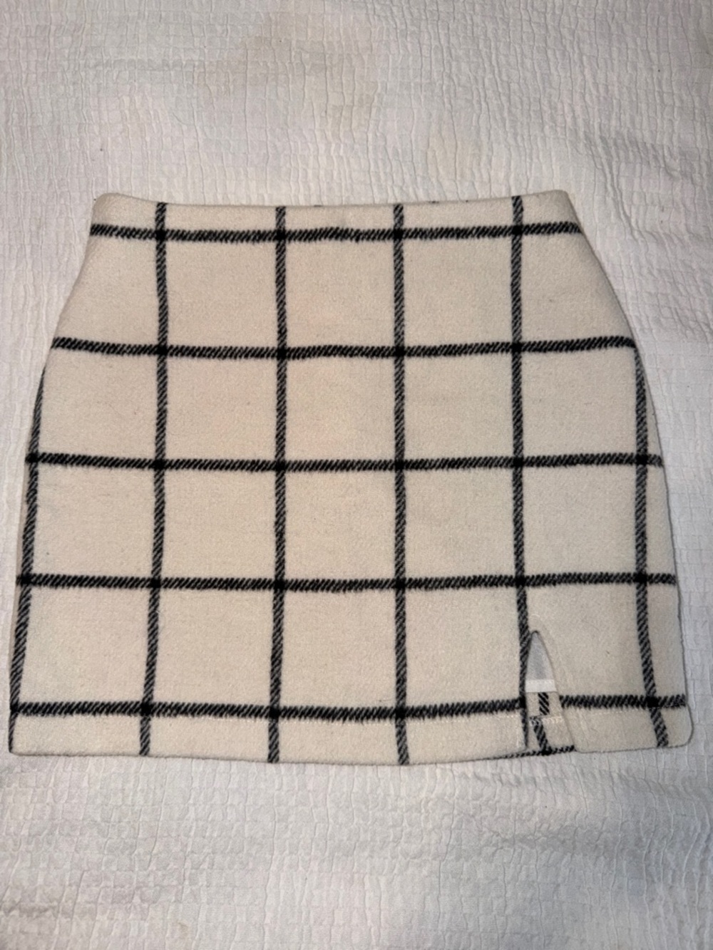 Cream & Black Windowpane Mini Skirt – Front Slit – Chic Tailored Style